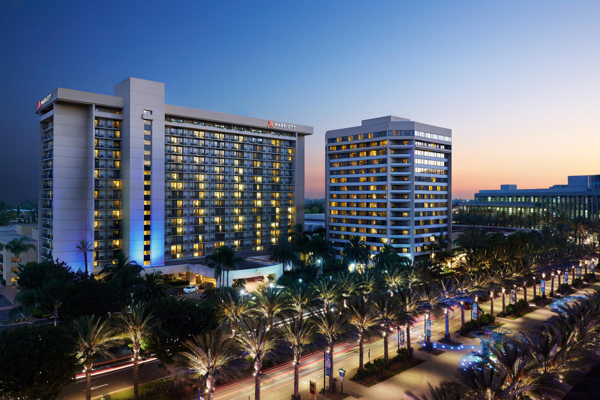 Exterior view of the Anaheim Marriott Convention Center hotel in Anaheim, California.