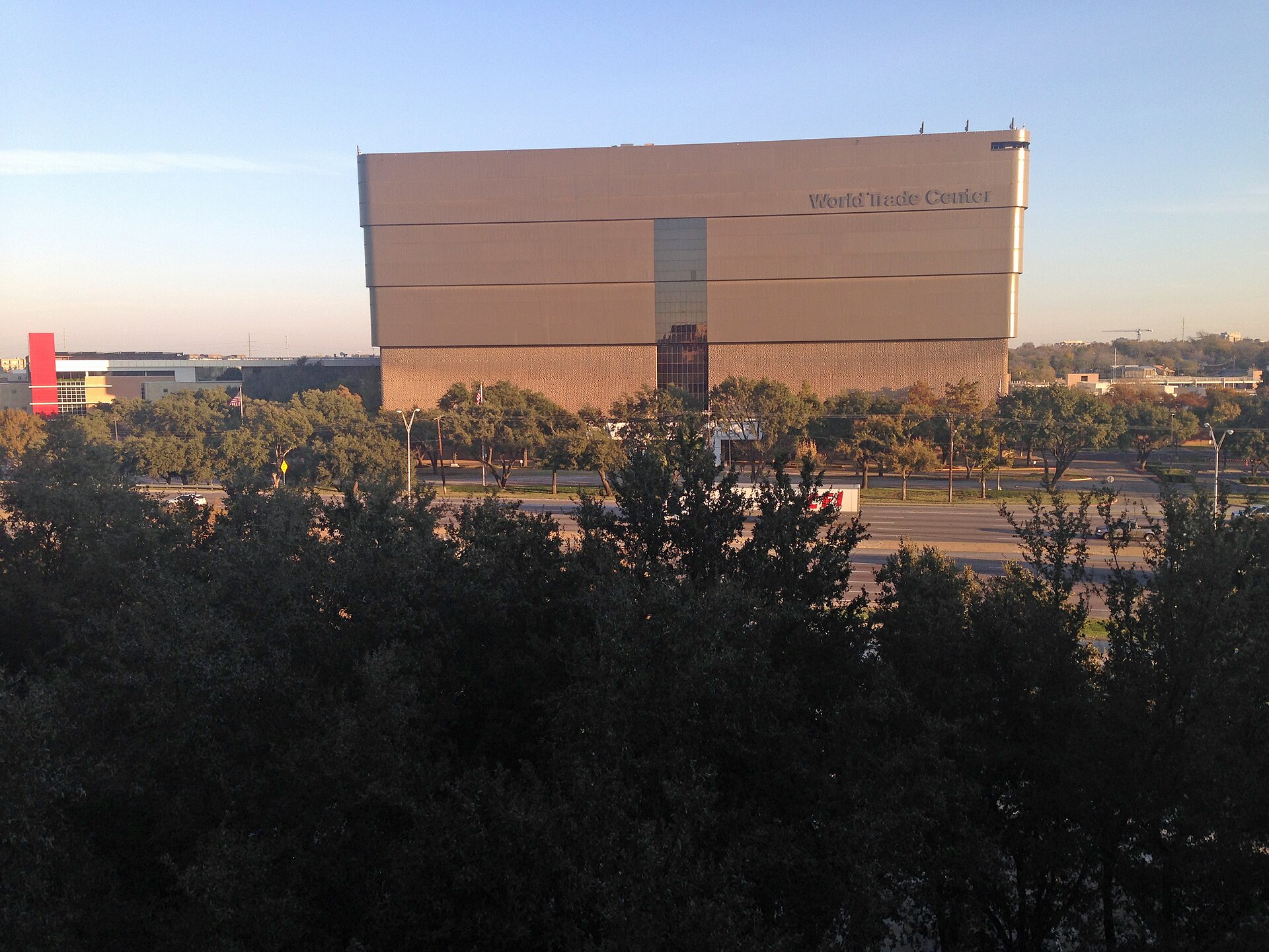 Exterior view of the Dallas Market Center World Trade Center building in Dallas, Texas.