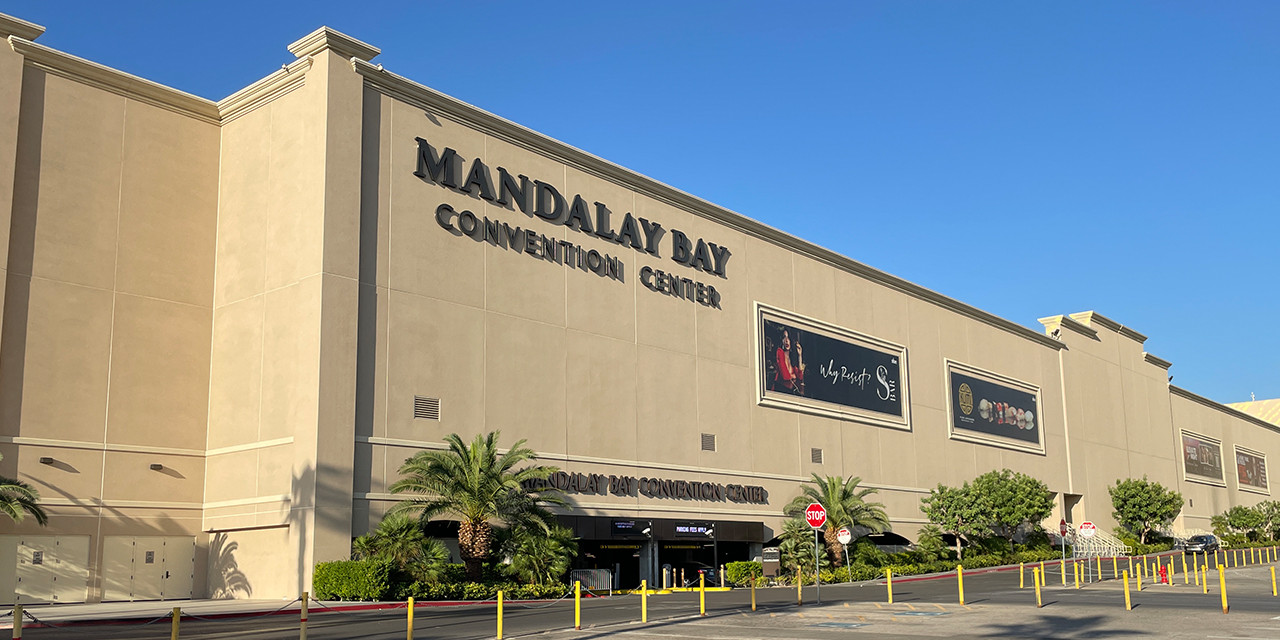 Exterior facade and Mandalay Bay Convention Center sign in Las Vegas, Nevada