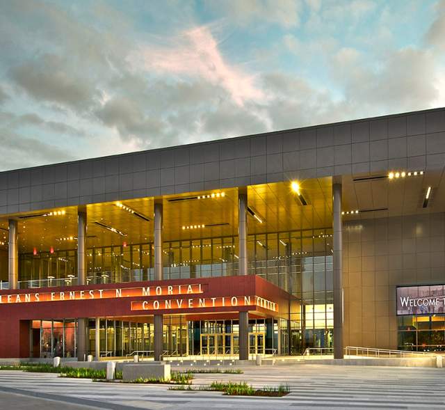 Exterior facade and entrance of the New Orleans Ernest N. Morial Convention Center.