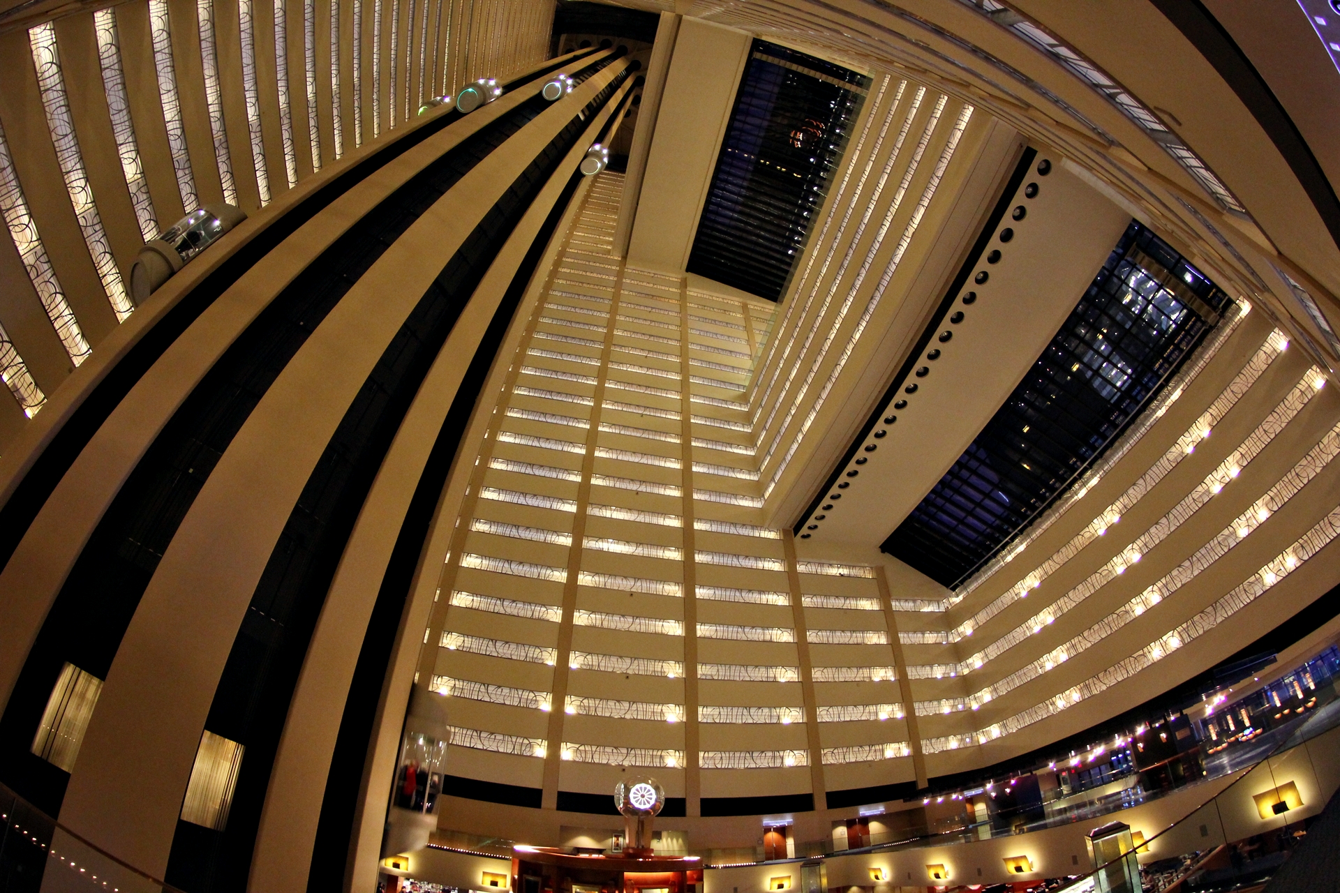 Interior view looking up at the atrium of the New York Marriott Marquis in New York City.