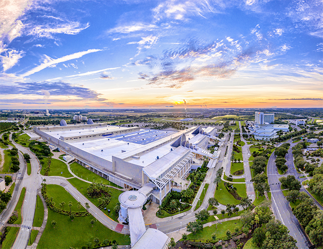 Exterior aerial view of Orange County Convention Center in Orlando, Florida