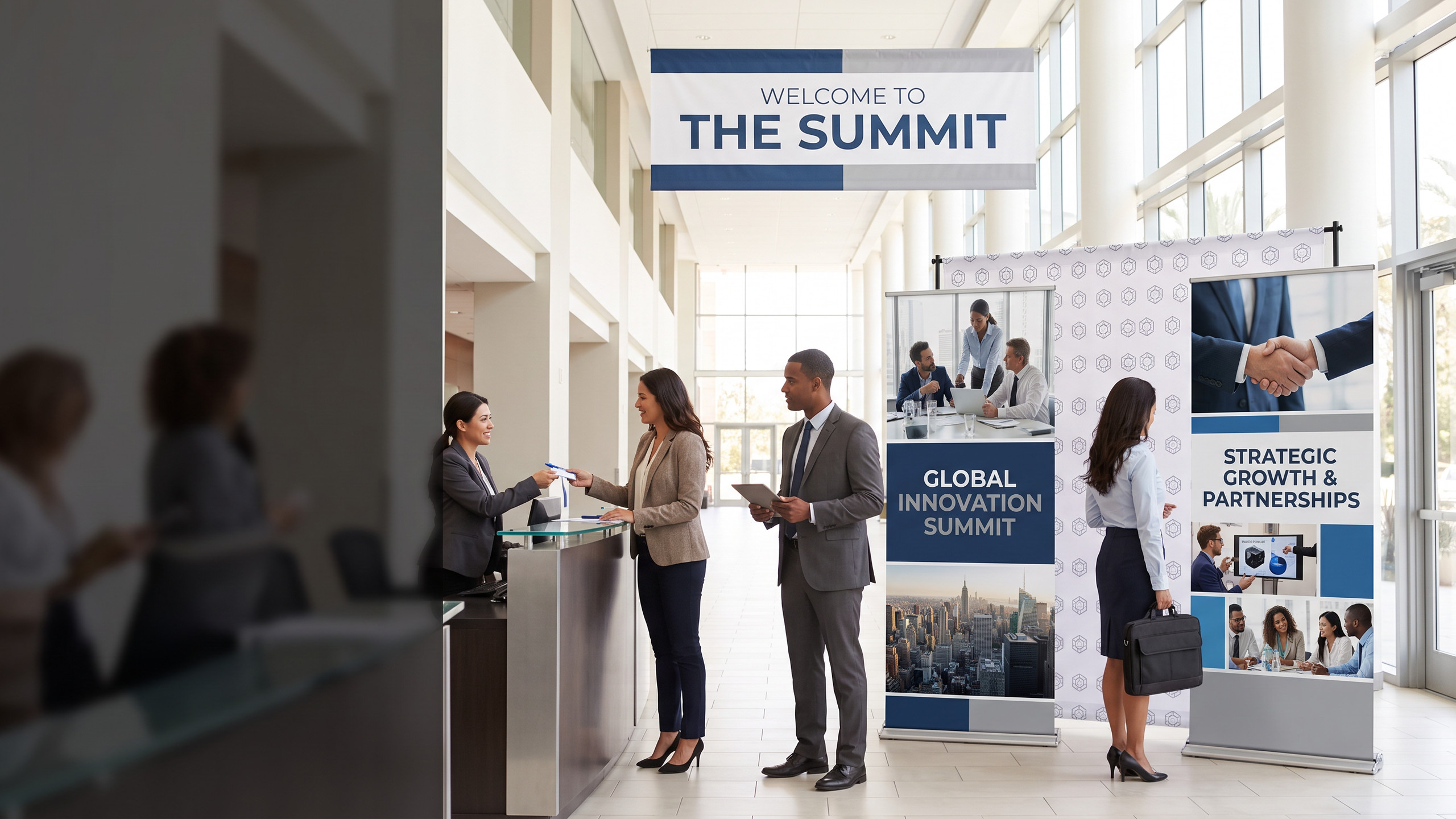 Corporate conference registration area with retractable banners, photo backdrop, and welcome banner