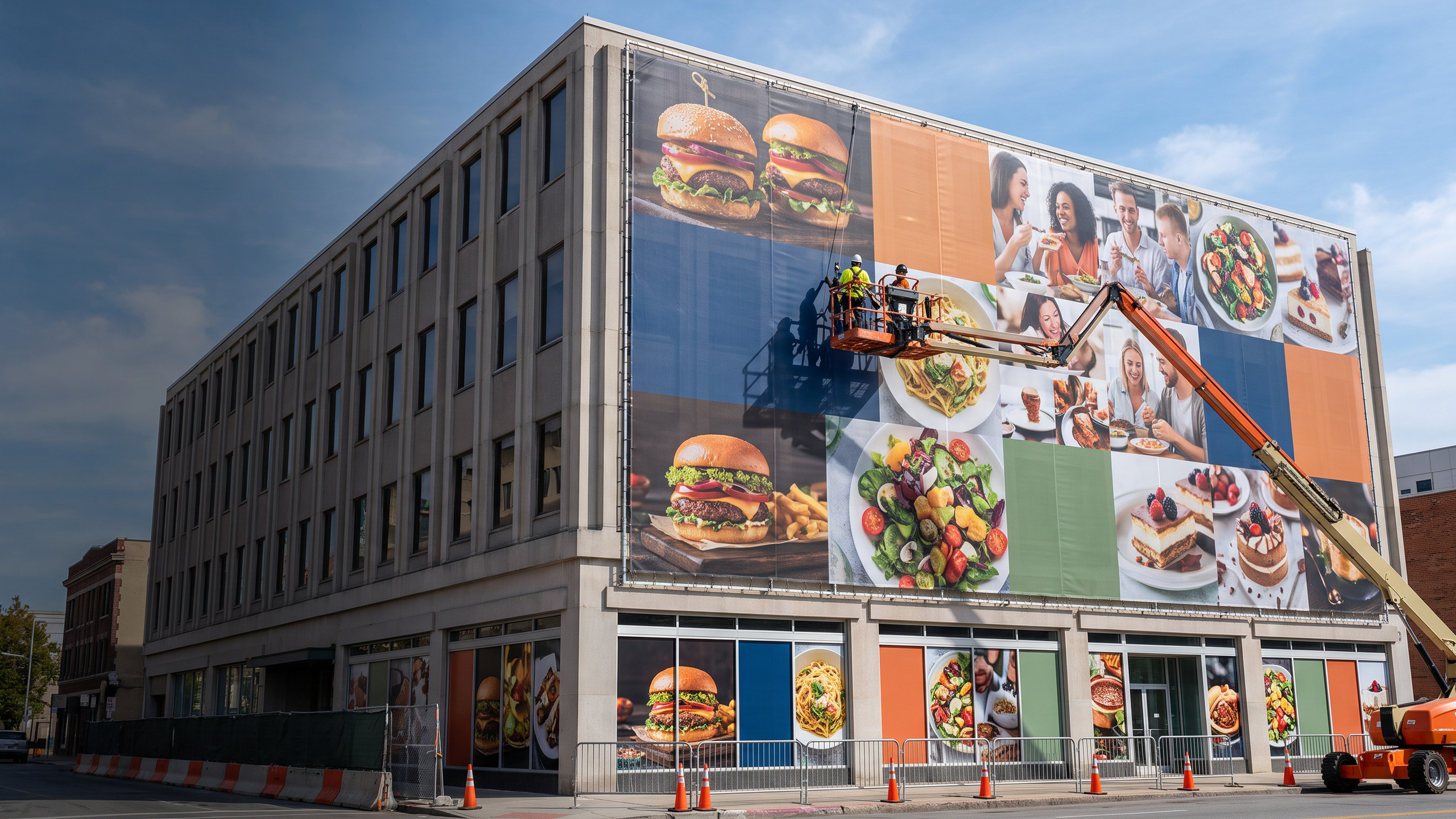 Commercial building facade with a food-festival mesh banner being installed by a lift crew