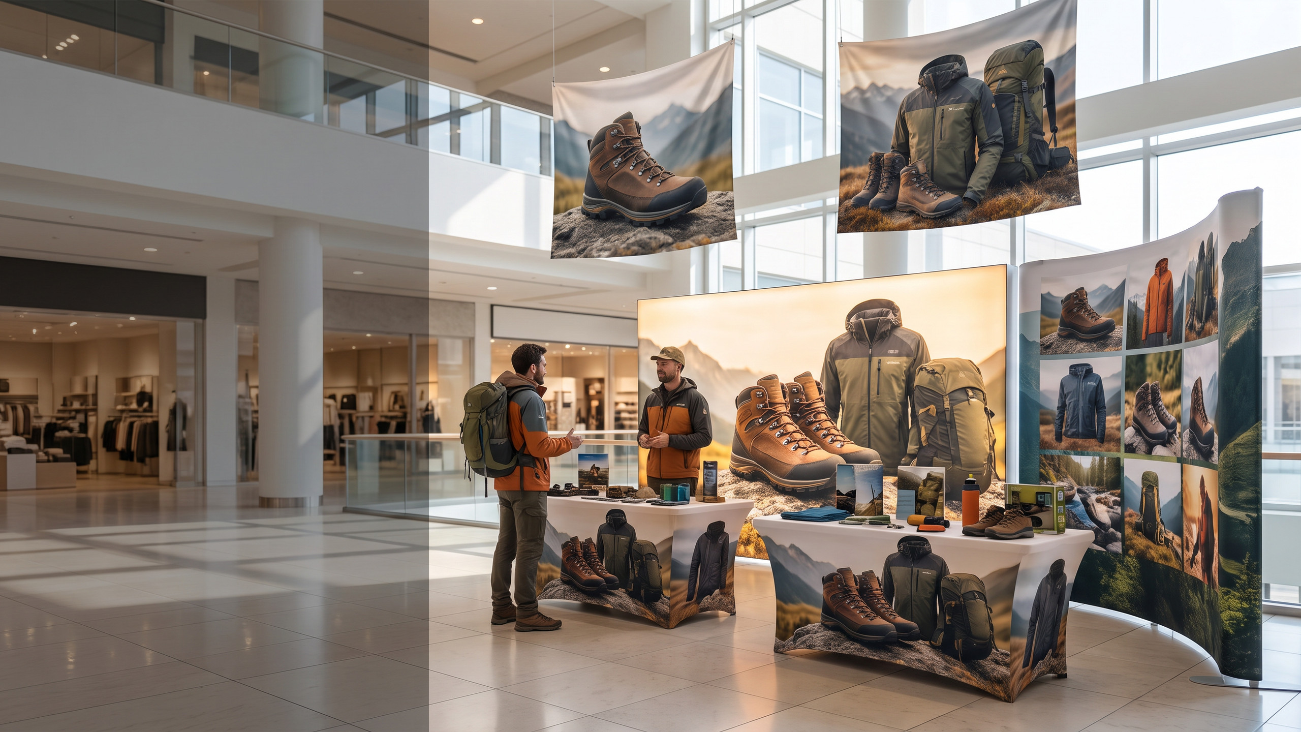 Retail pop-up with a fabric lightbox, hanging soft signs, table throw, and curved display wall