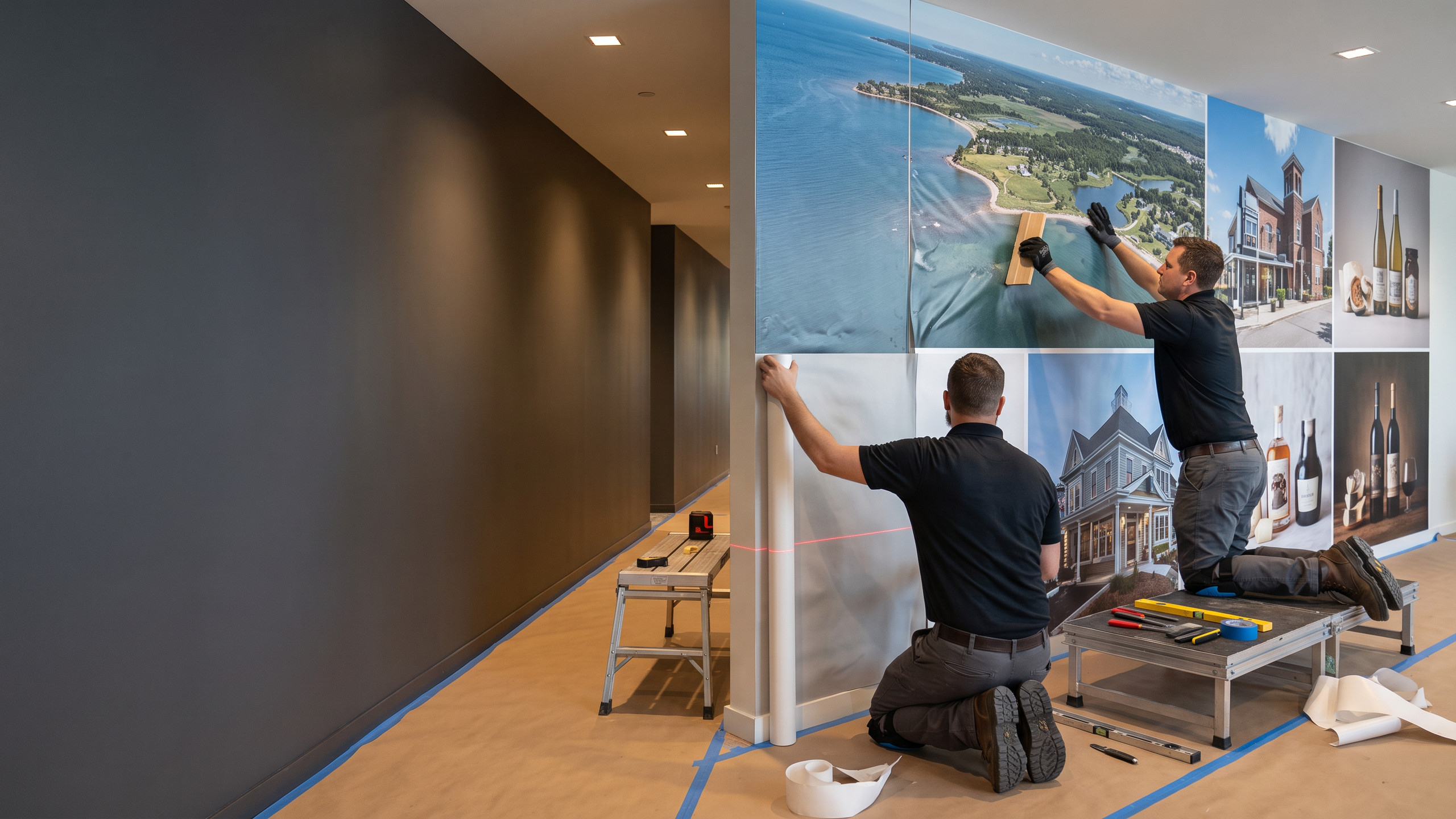 Two professional installers applying a multi-panel photographic mural in a corporate corridor
