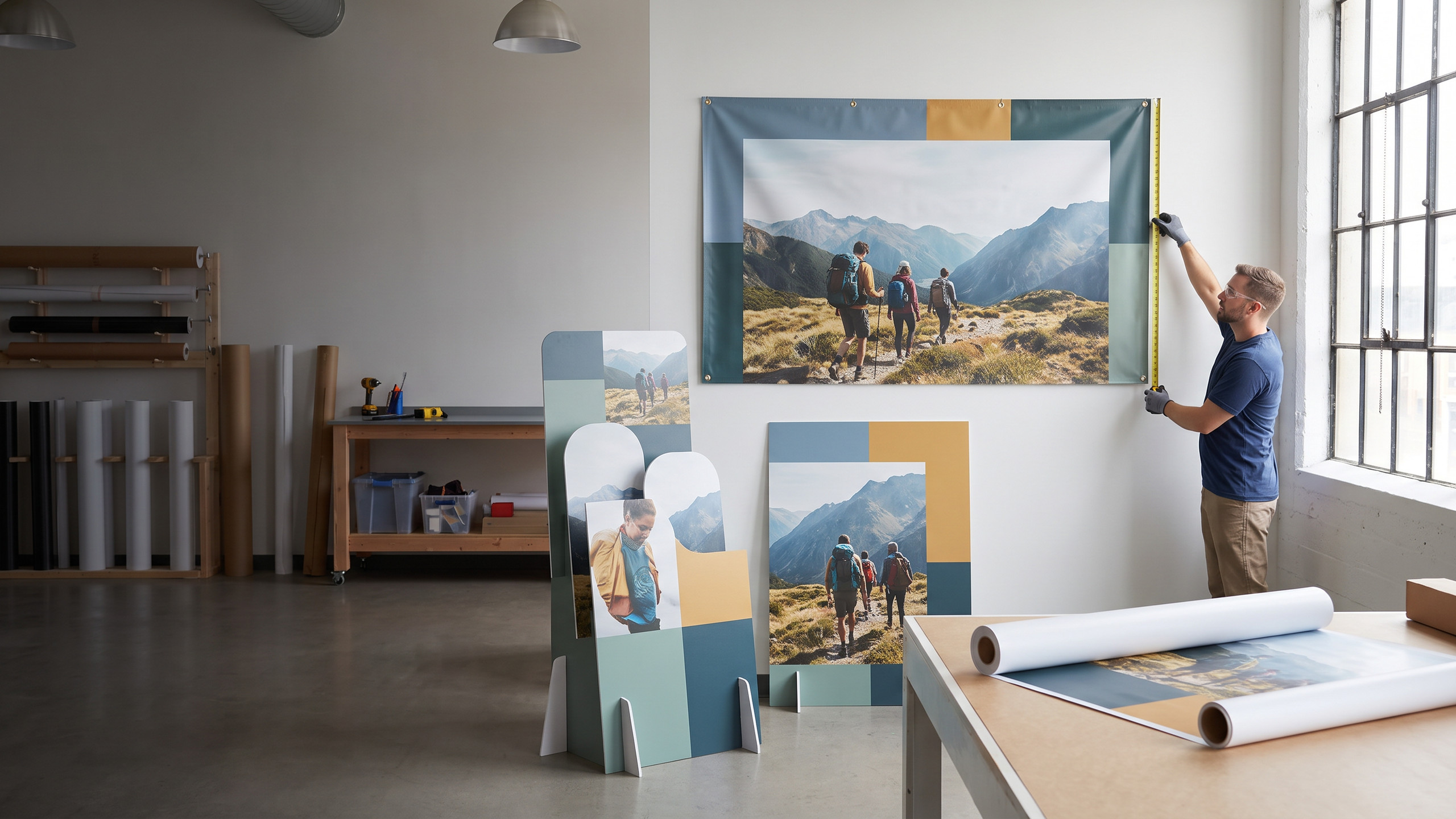 Finished retail campaign banner, posters, vinyl, and contour-cut display staged for large-format production