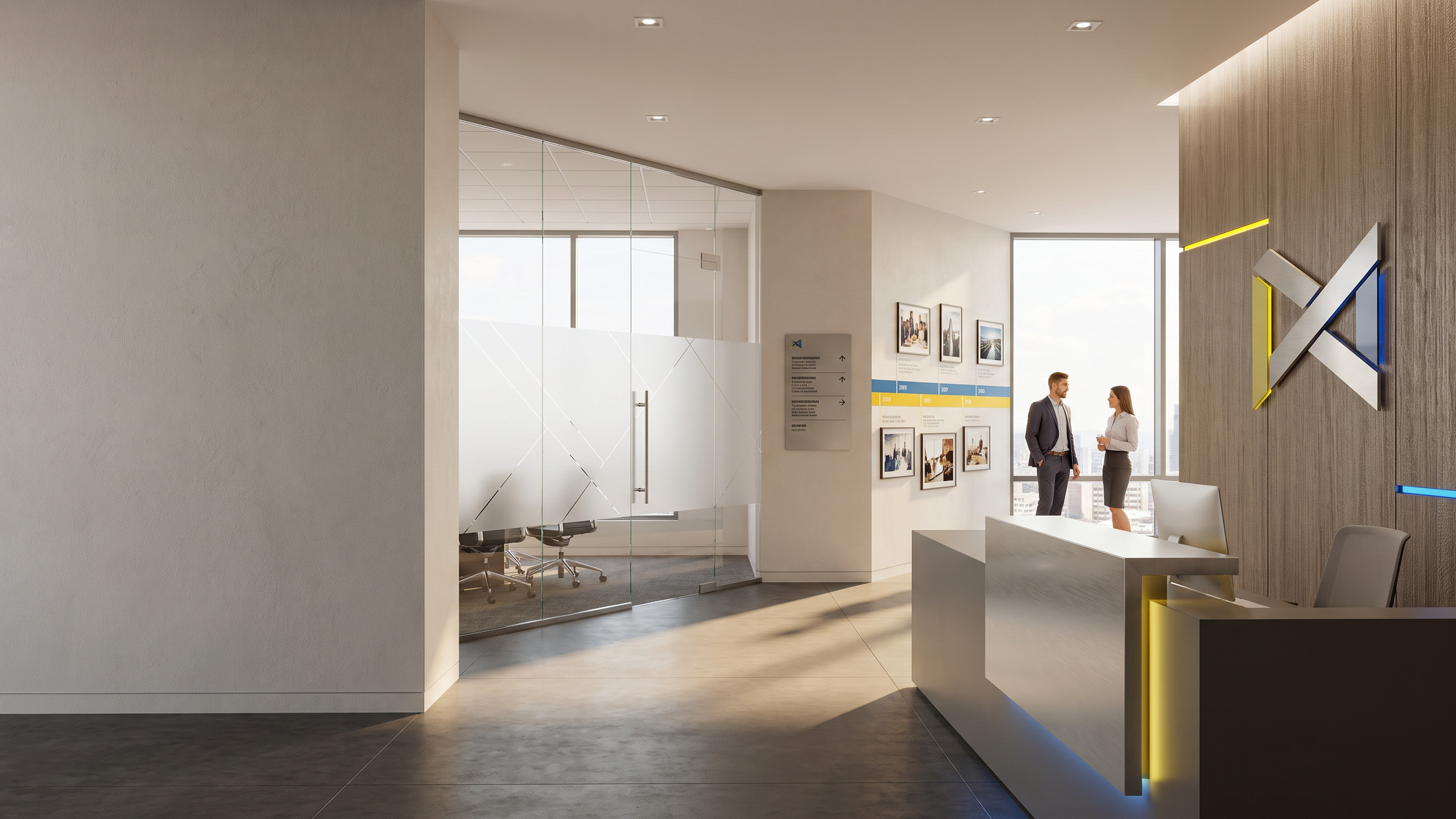 Modern office lobby with dimensional branding, frosted glass, wayfinding, and timeline graphics