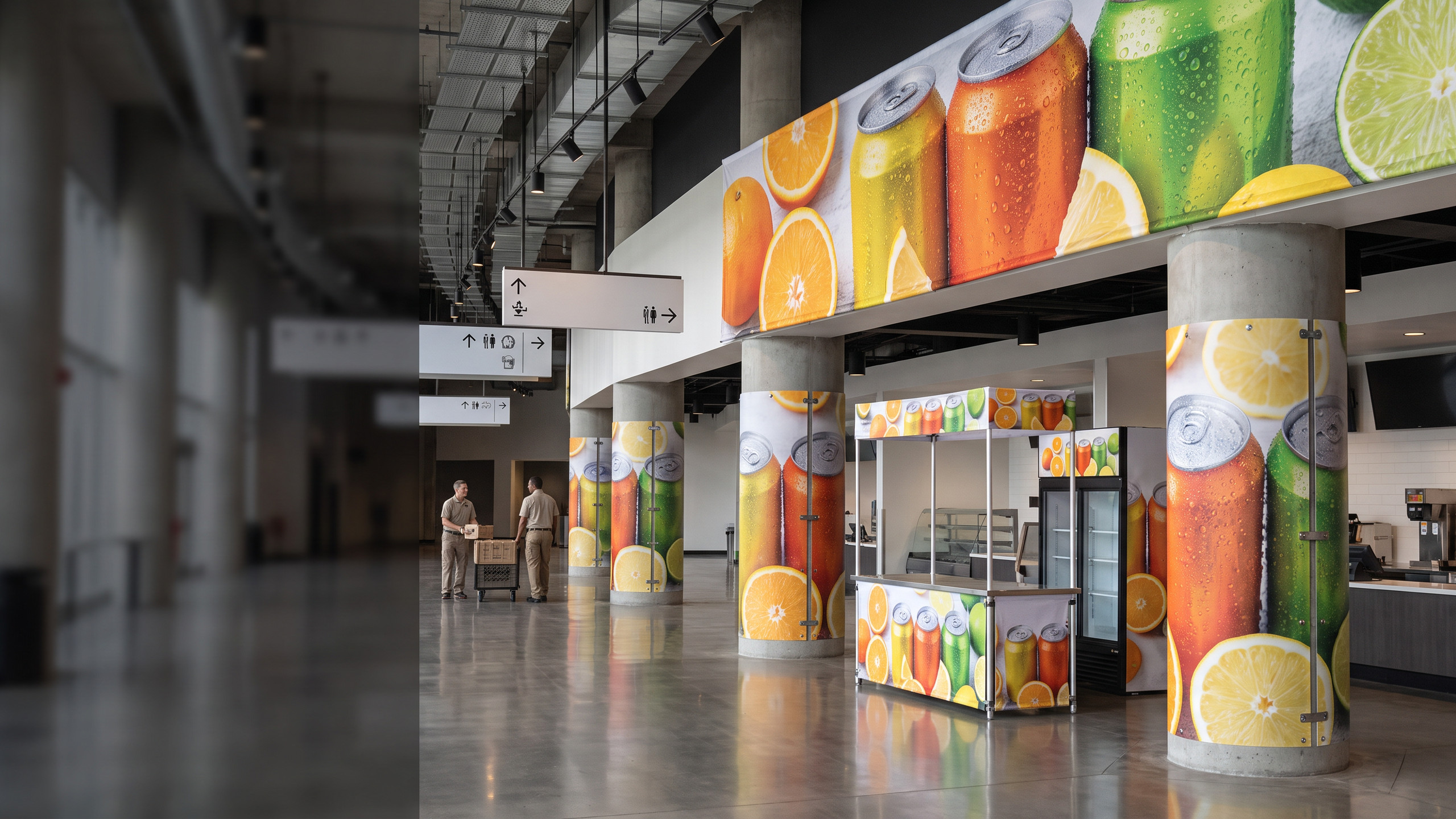 Arena concourse with a beverage product banner, coordinated column wraps, and sampling kiosk