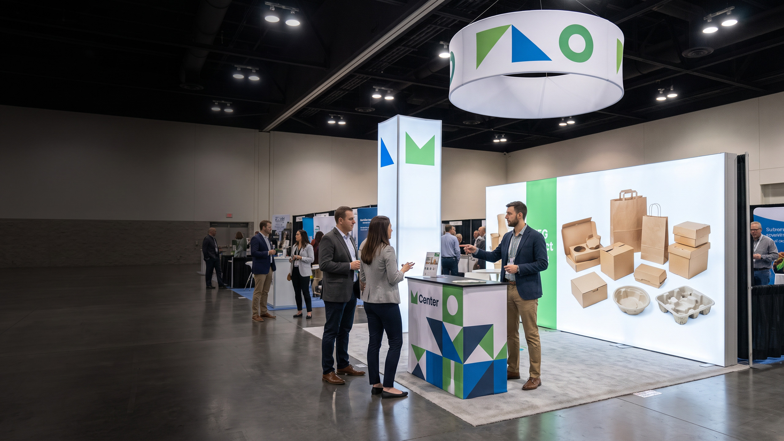 B2B trade show exhibit with a backlit SEG product wall, fabric tower, counter, and overhead sign