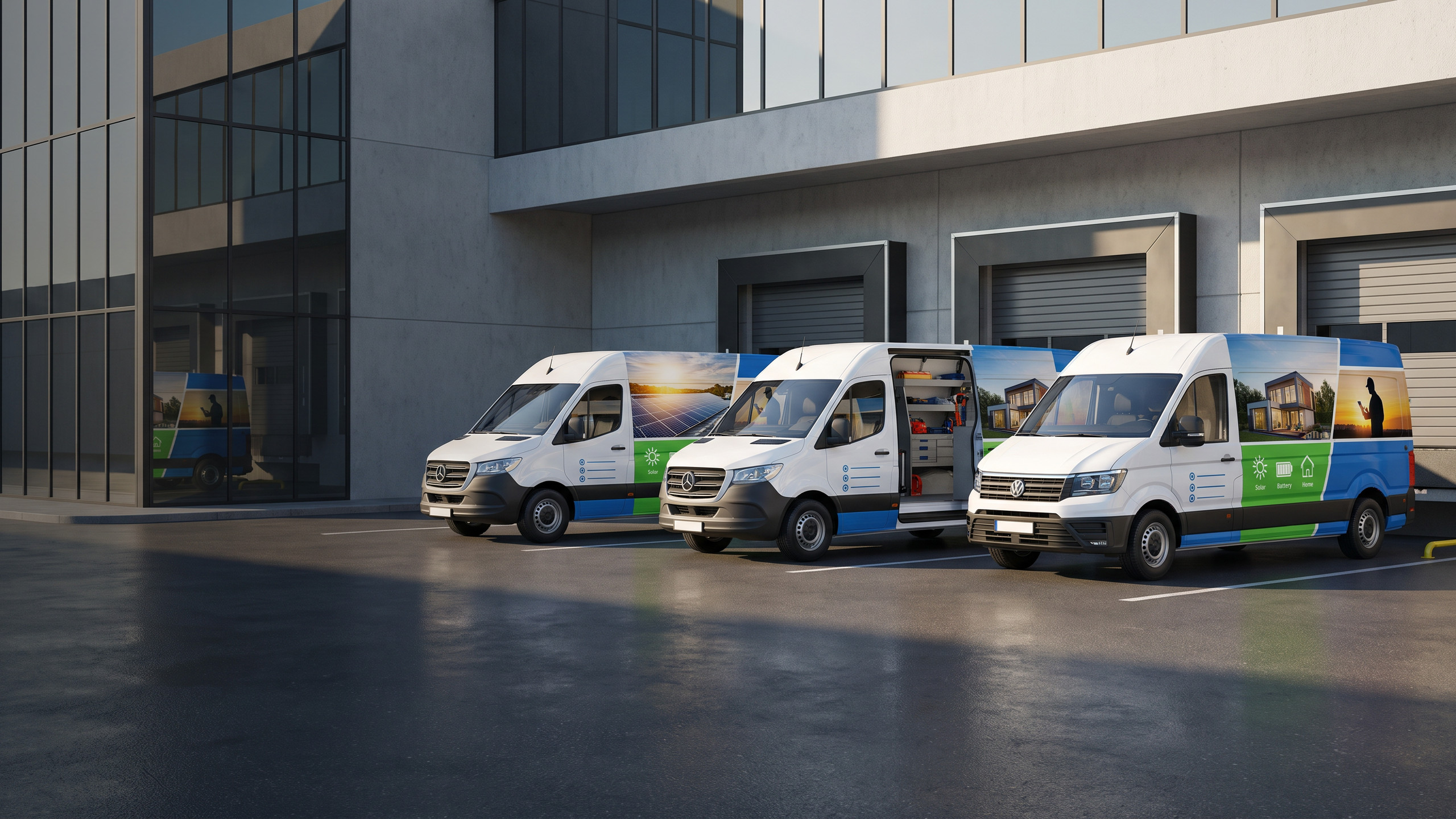 Three coordinated service vans with professional home-energy fleet wraps