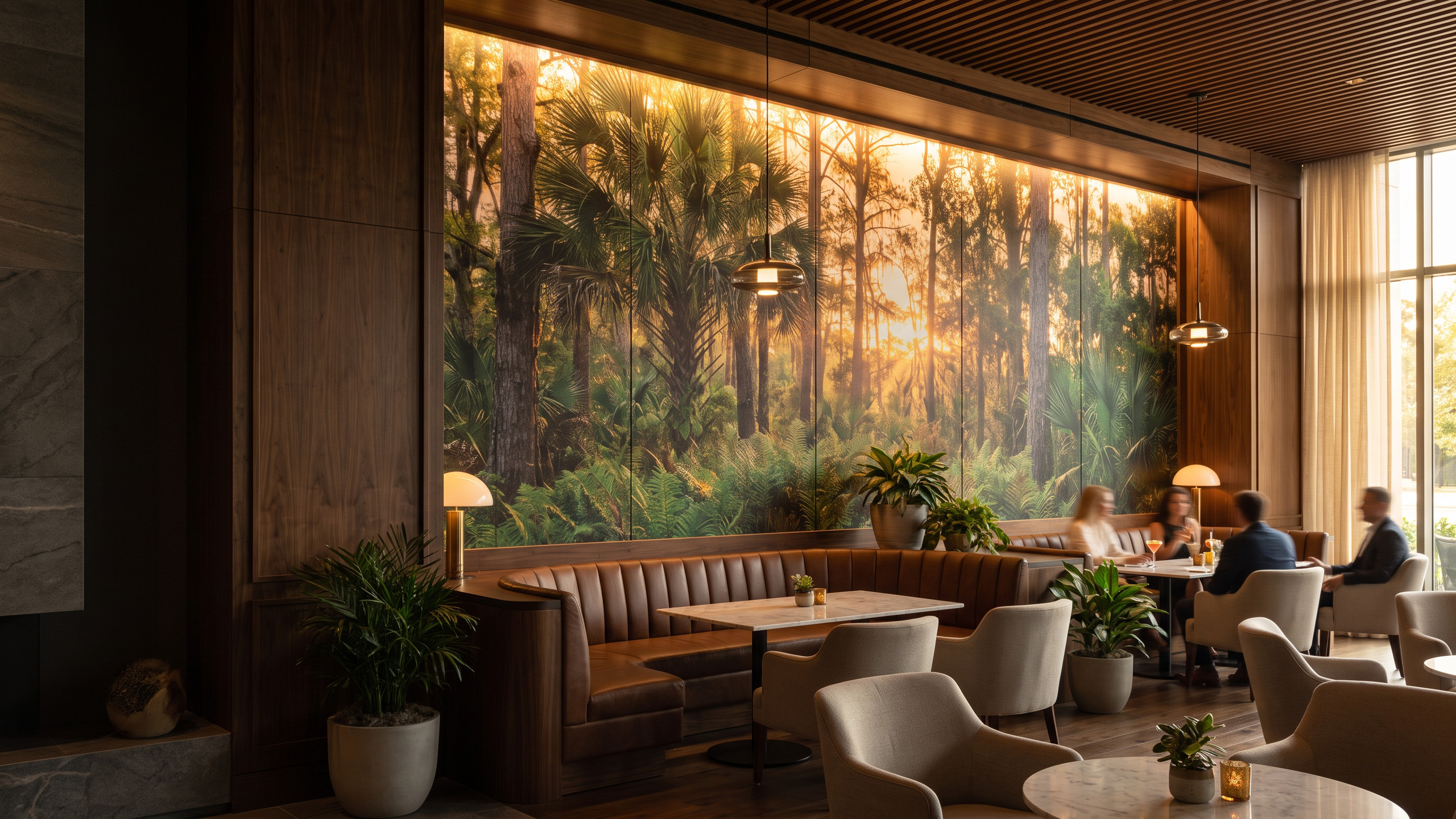 Hospitality lounge with a floor-to-ceiling photographic botanical wall mural