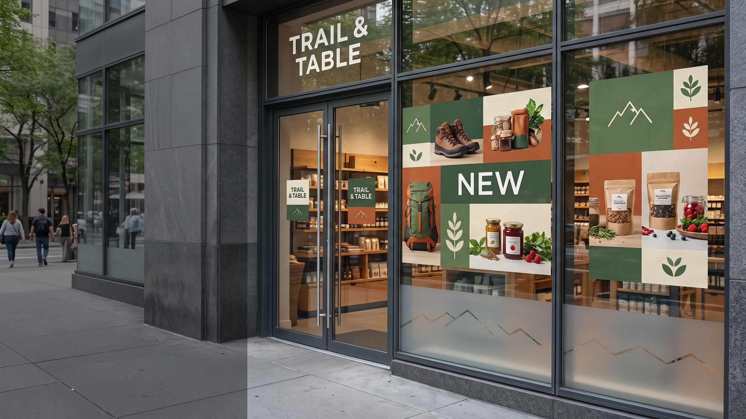 Retail storefront with seasonal product photography across perforated window graphics