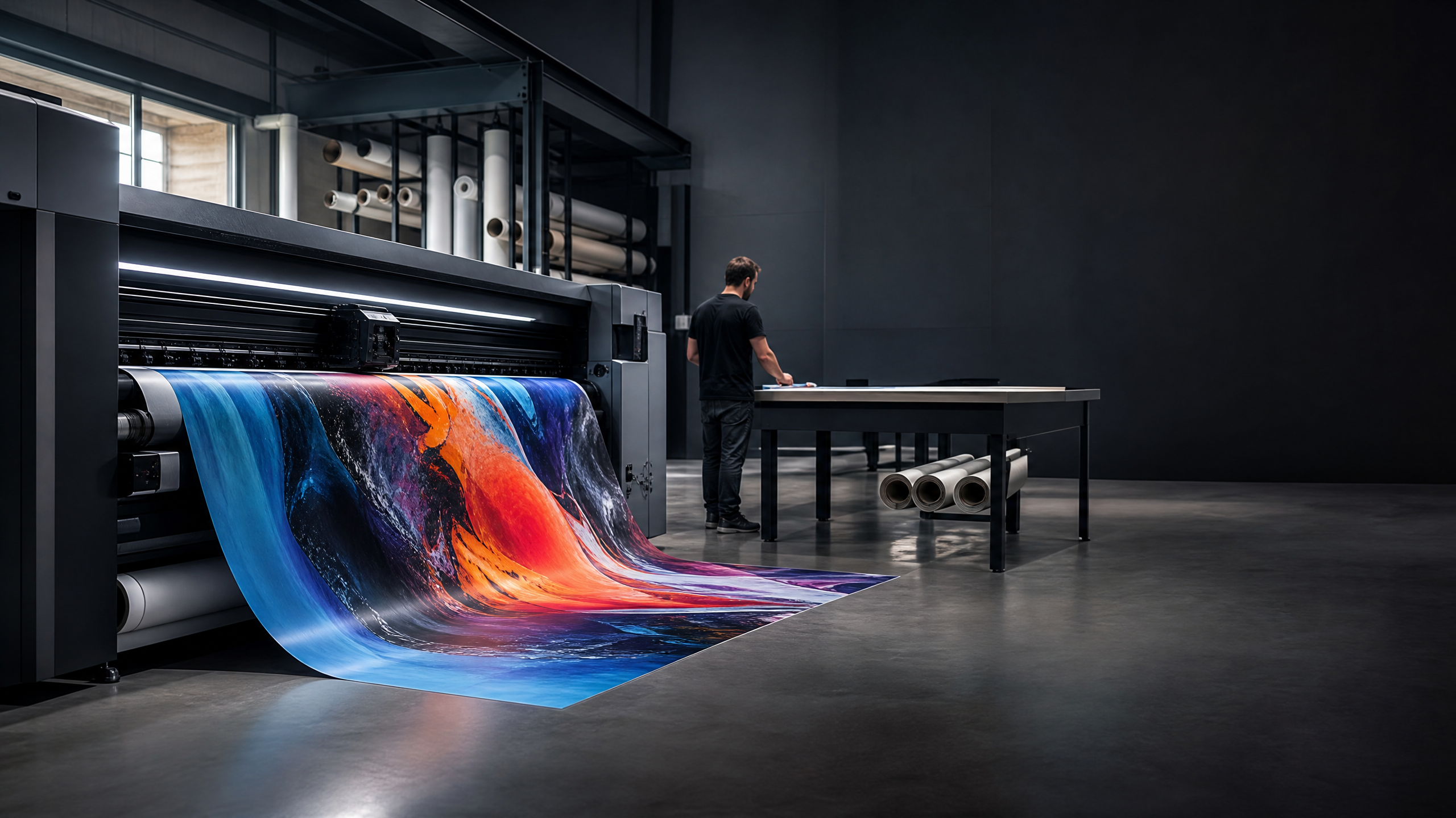 Illustrative large-format print production environment Wide-format printer producing a vivid abstract exhibition graphic in a clean production room