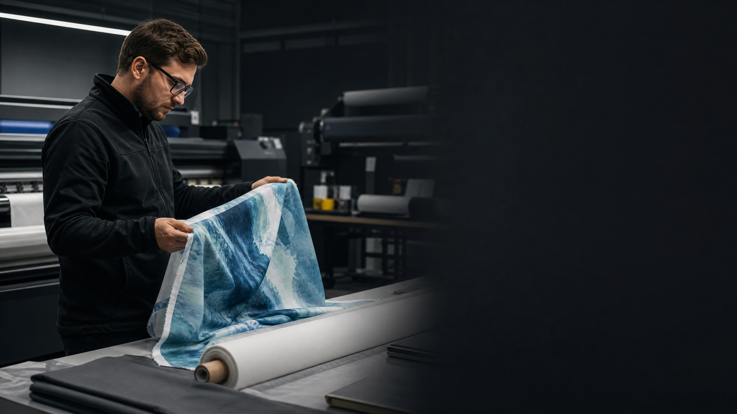 Illustrative time-sensitive graphics quality-control environment Print-production specialist checking a finished fabric proof beside large-format equipment