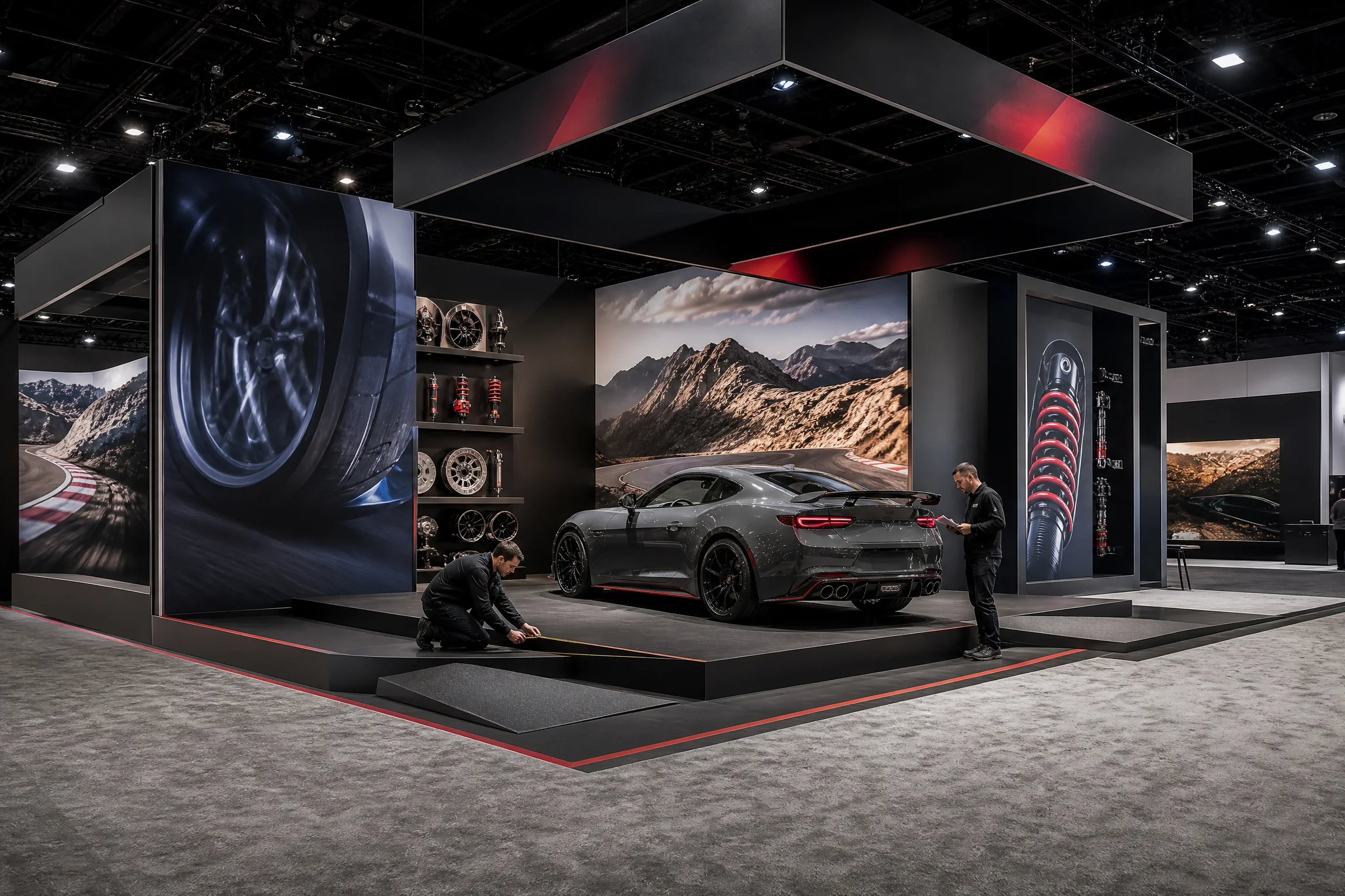 Technicians measuring a performance vehicle platform within a fitted automotive graphics environment and clear exhibit aisle