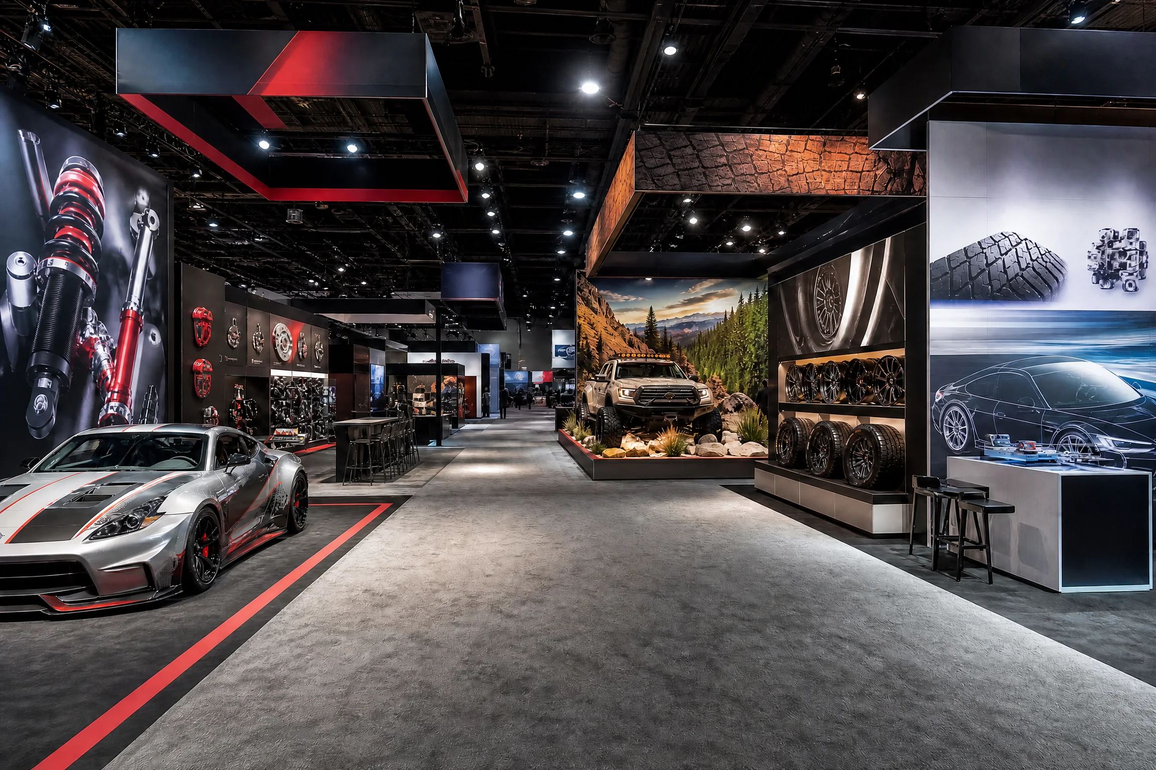 Distinct performance, off-road, wheel, tire, and automotive technology exhibit environments along a convention aisle