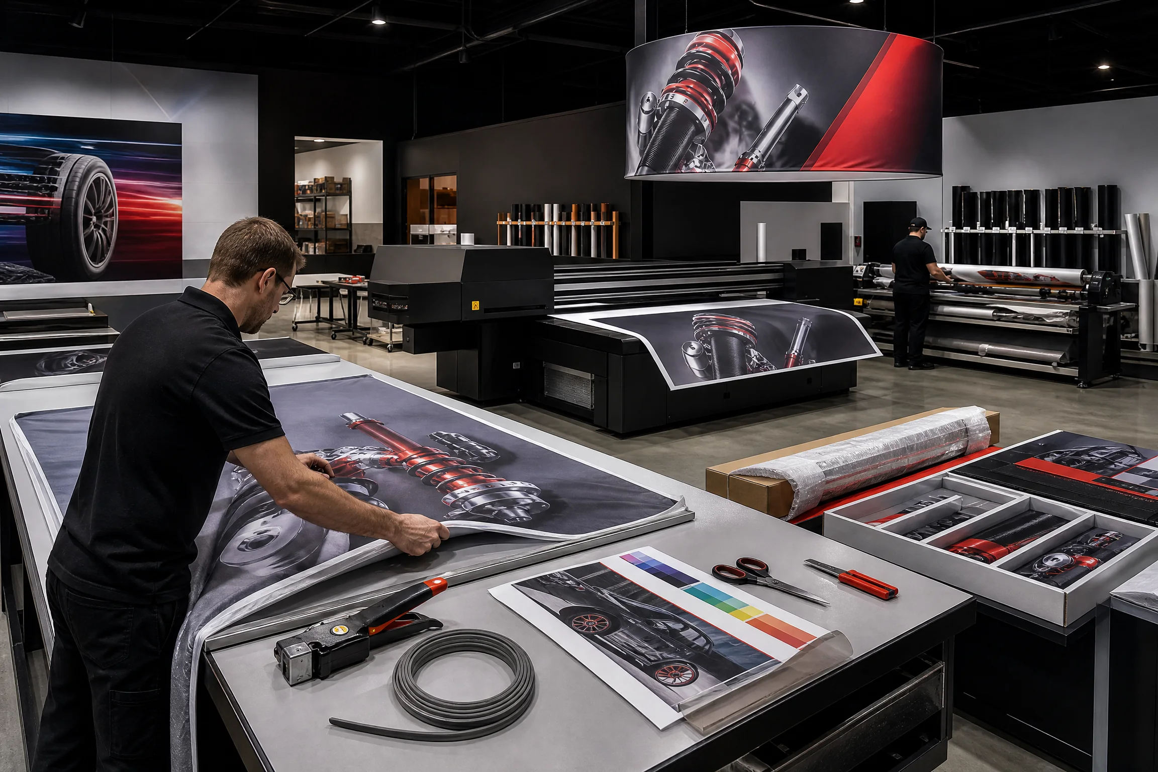 Large-format print team finishing SEG fabric, rigid automotive graphics, proofs, rolled media, and organized exhibit kits