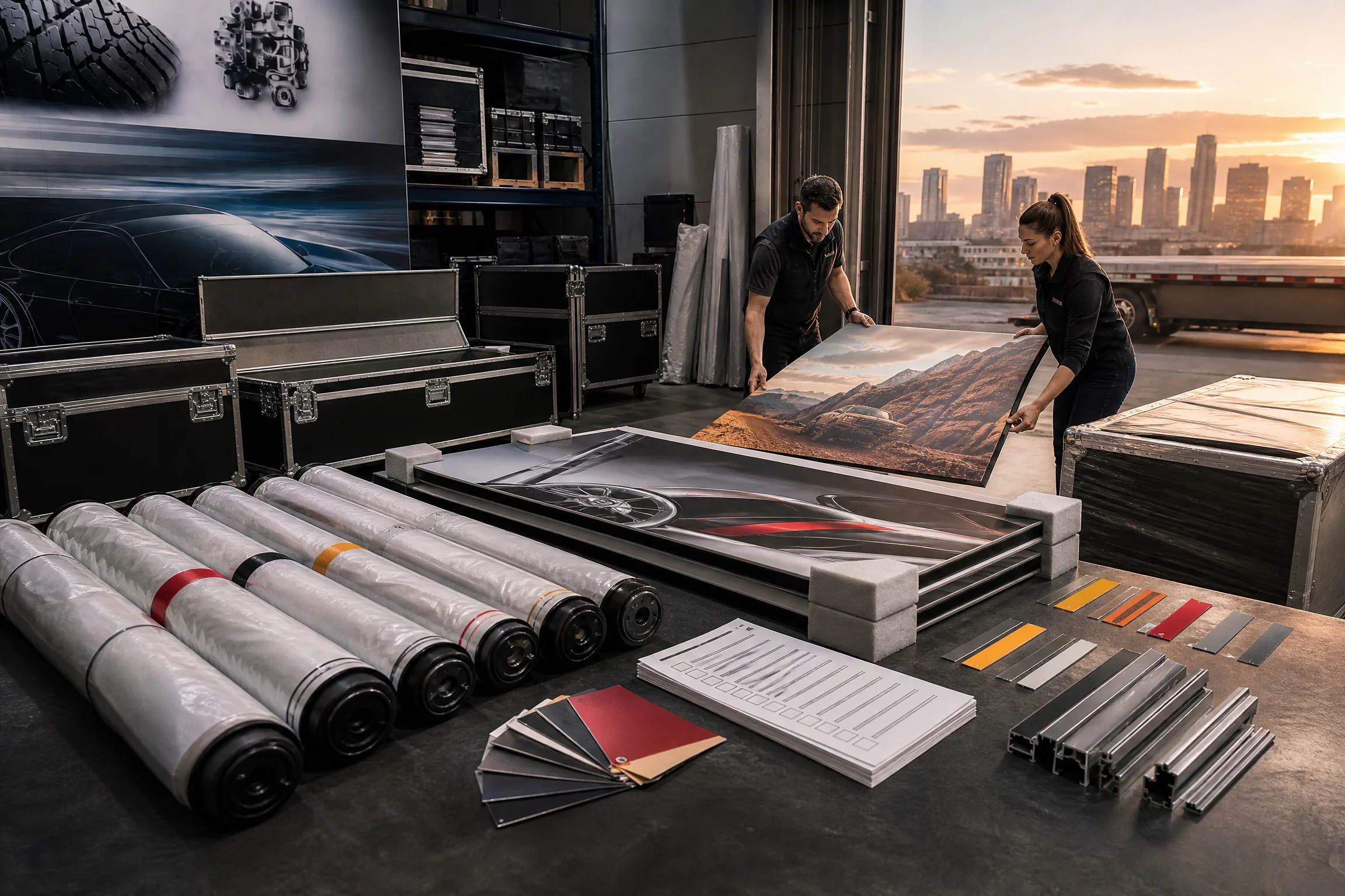 Print production team checking rolled SEG graphics, rigid panels, color references, frame profiles, and protective cases before Las Vegas delivery
