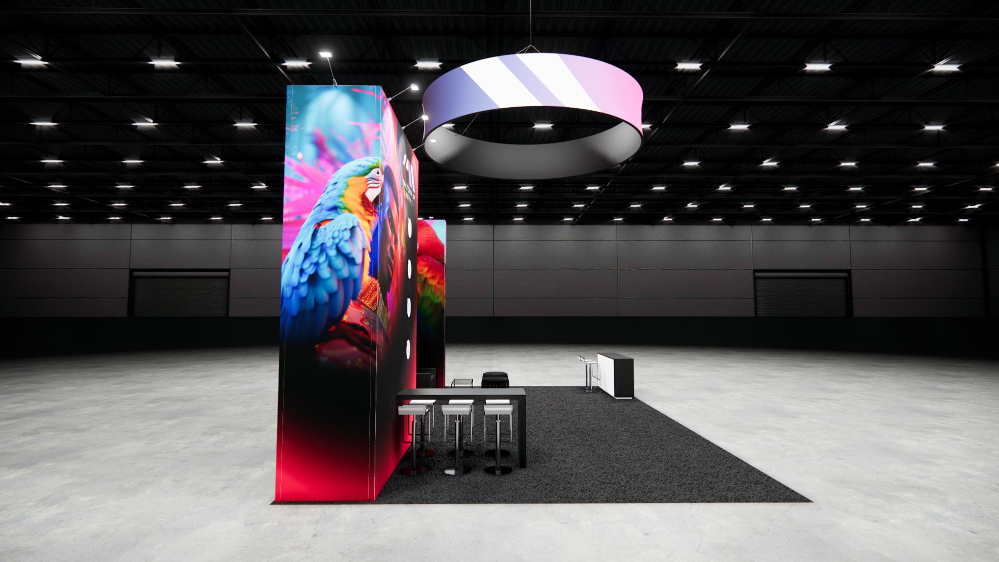 20x30 Trade Show Exhibit Rental with Circular hanging sign