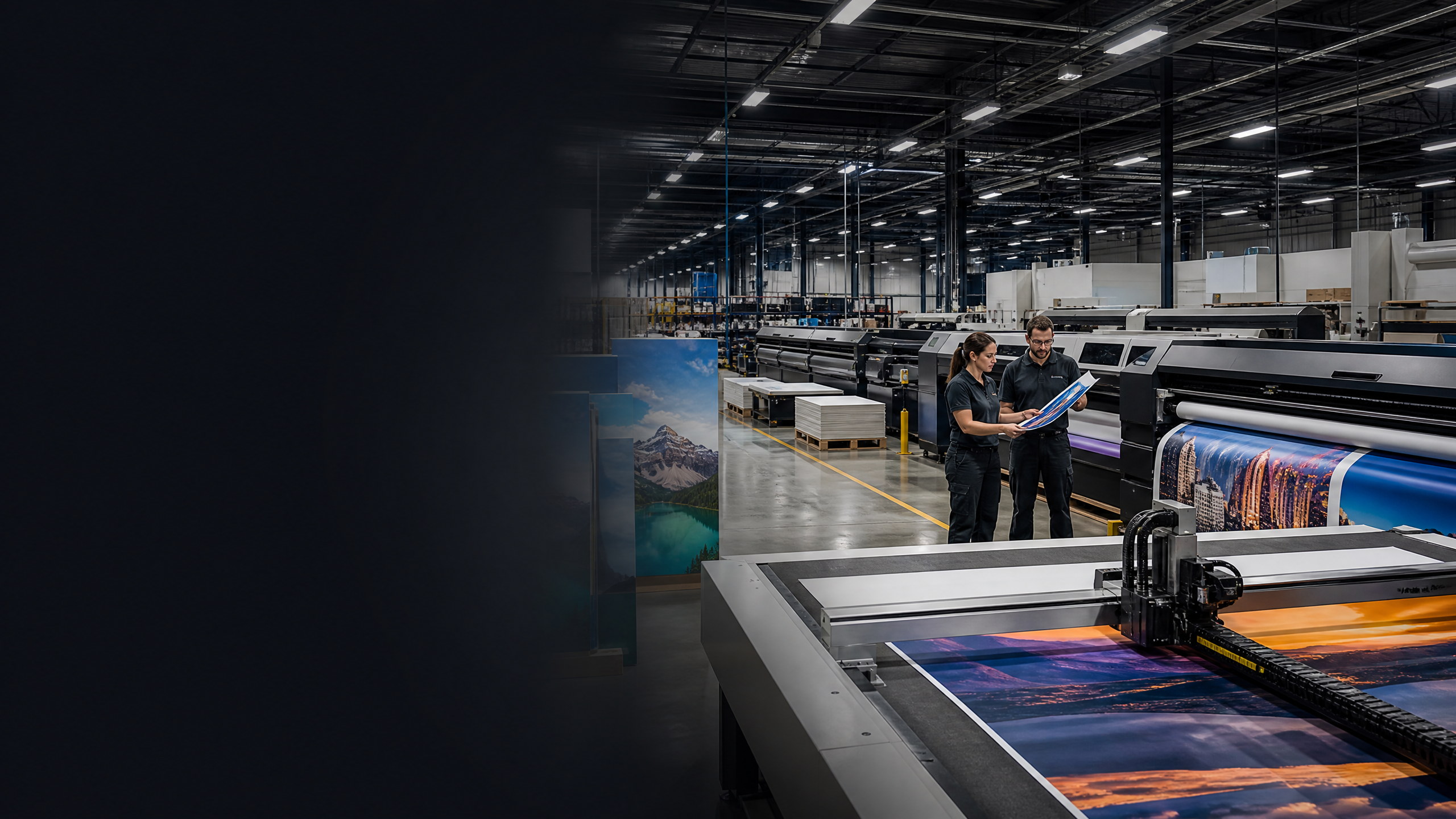 Wholesale large-format production floor with wide-format printers, precision cutting, and quality review