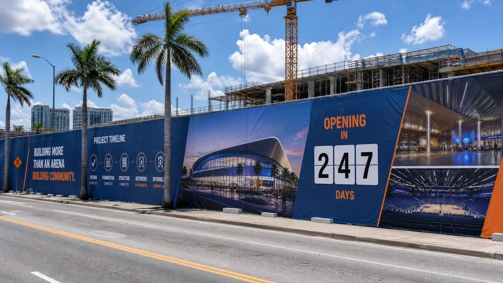 Factory of Graphics printed mesh banner construction fencing wrap installed at a major Orlando sports venue construction site during pre-opening build phase with project rendering imagery timeline messaging and community engagement graphics