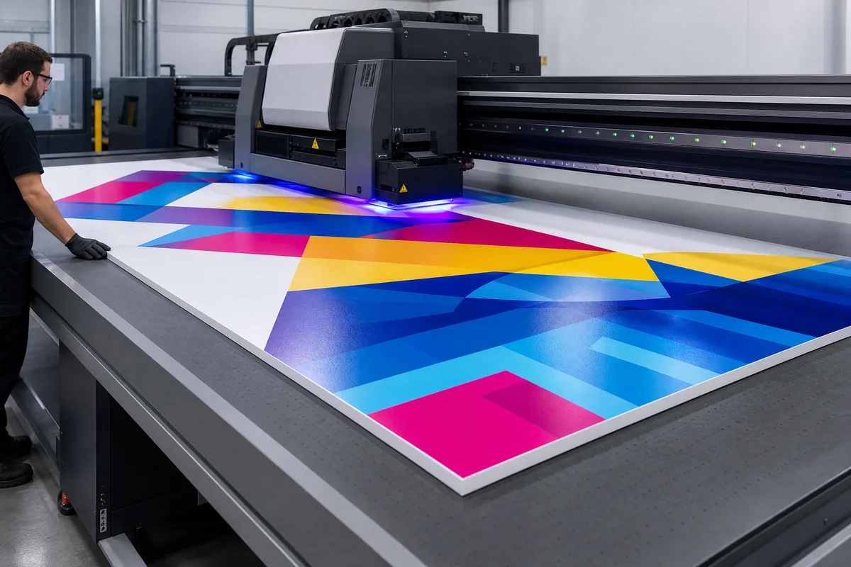 UV flatbed printer producing a large-format graphic on a rigid panel