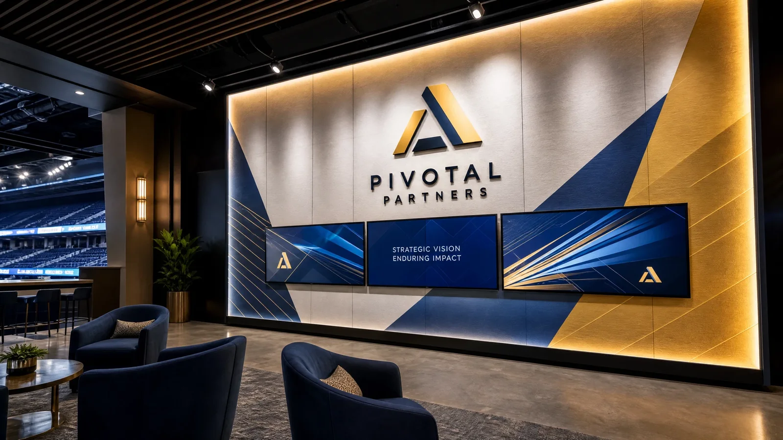 Factory of Graphics sponsor activation brand wall environmental installation at a major Orlando sports venue naming rights zone with backlit fabric graphics dimensional letter identification and static-plus-digital hybrid integration