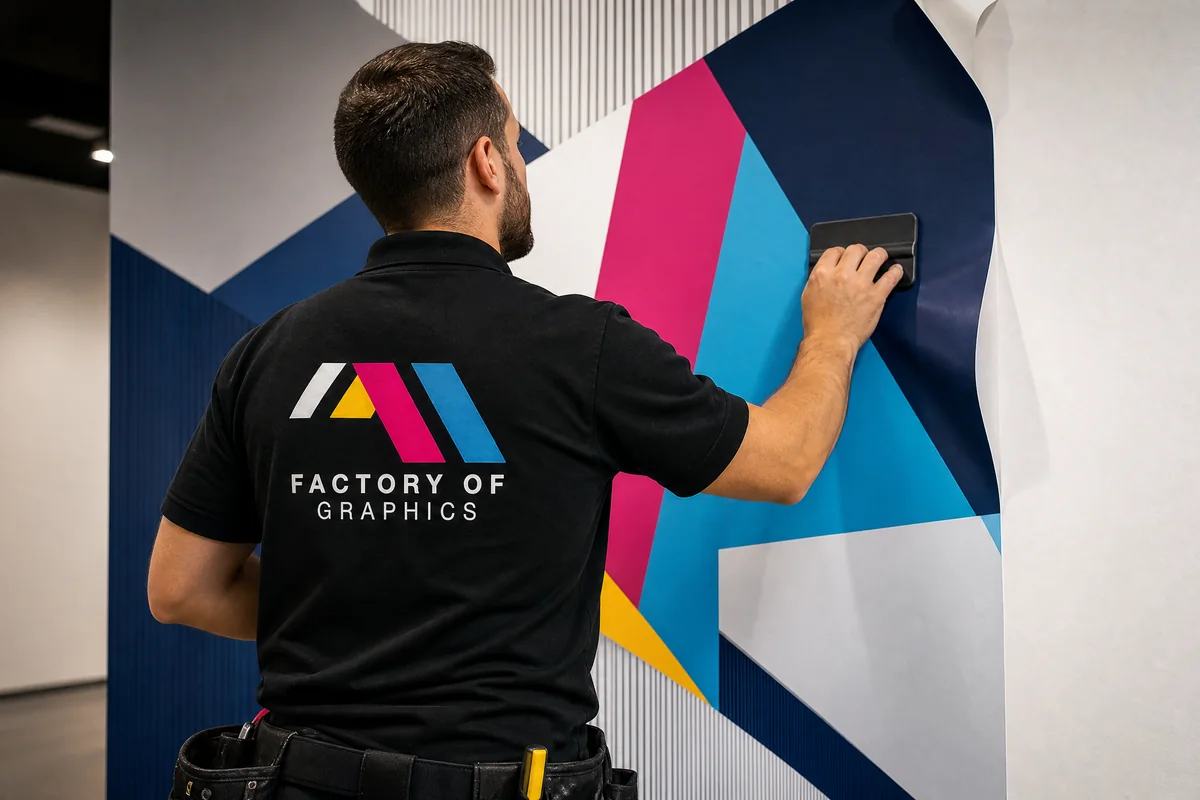 Factory of Graphics wall graphic installation Factory of Graphics installer applying a large environmental graphic to a wall