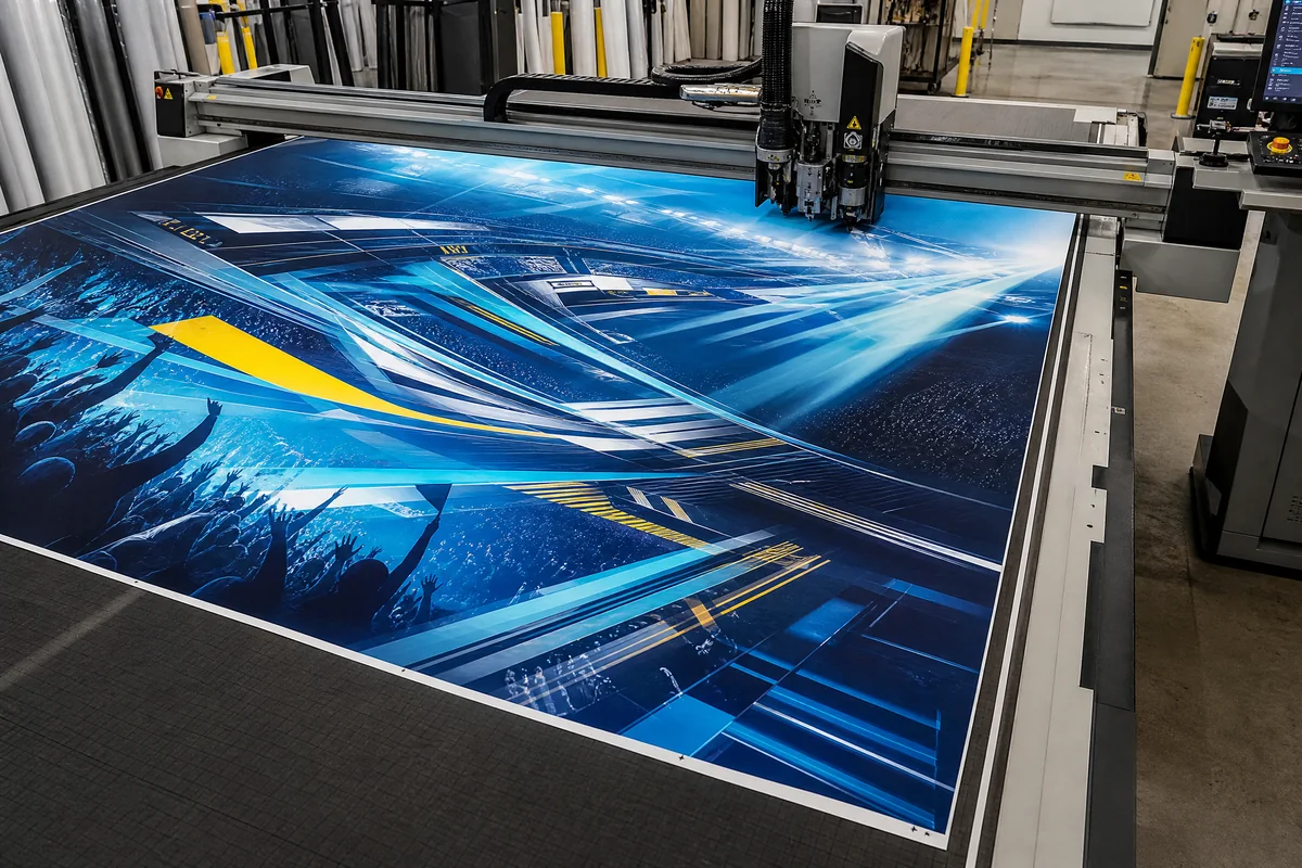 Sports venue graphics finishing on a large-format cutter Large-format cutter finishing an original sports venue environmental graphic