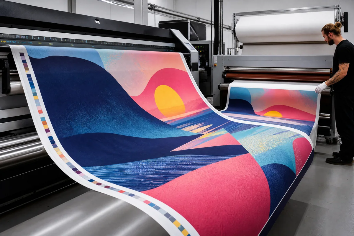 Fabric and dye-sublimation printing production Wide-format dye-sublimation equipment producing vibrant printed fabric
