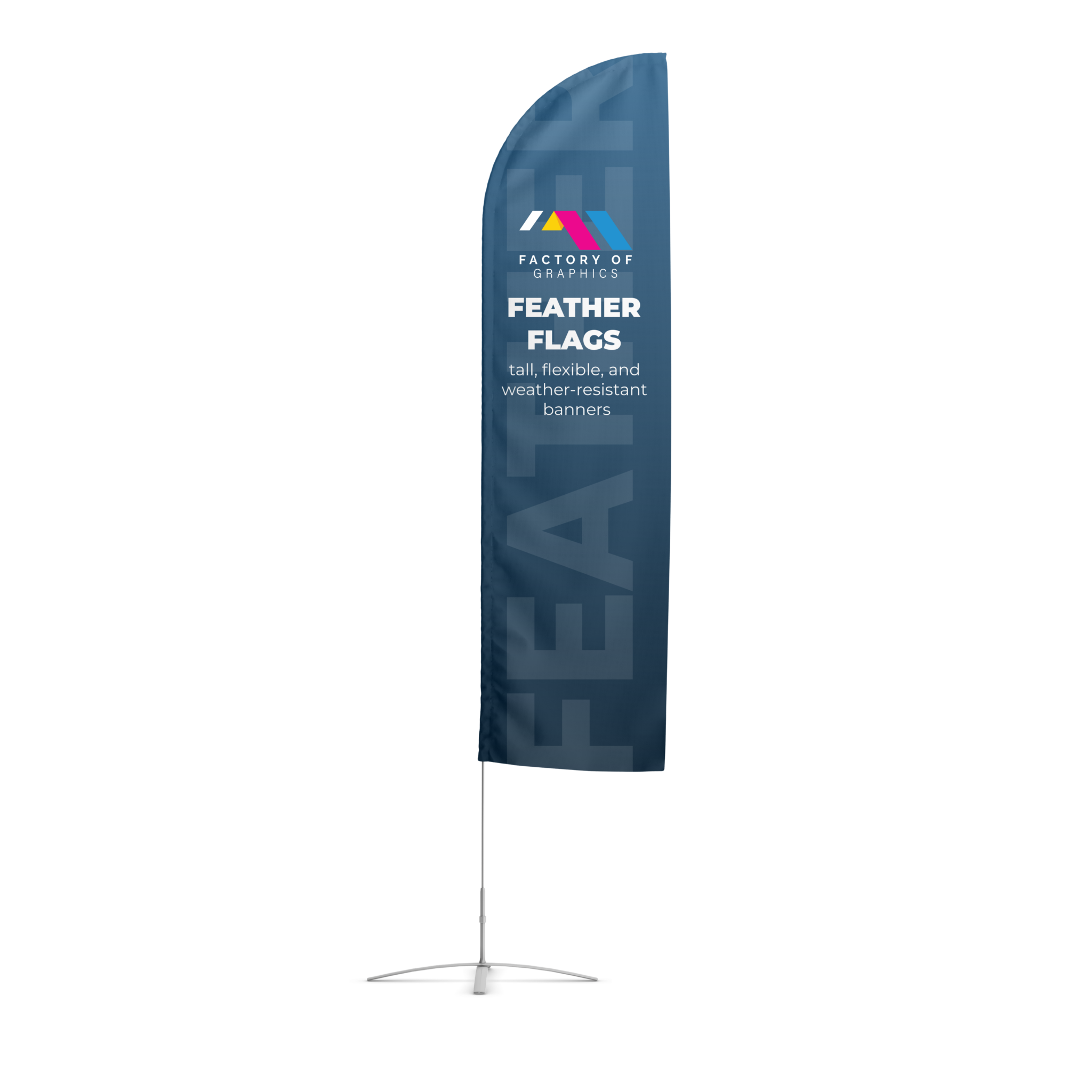 Factory of Graphics 12-foot outdoor feather flag on a freestanding base