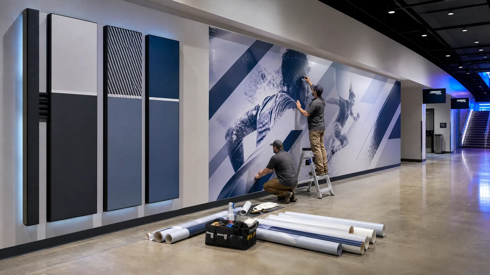 Venue graphics technicians installing an updated wall graphic during an ongoing stadium signage refresh