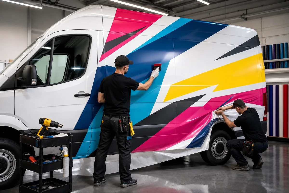 Installer applying precise graphics to a commercial vehicle panel