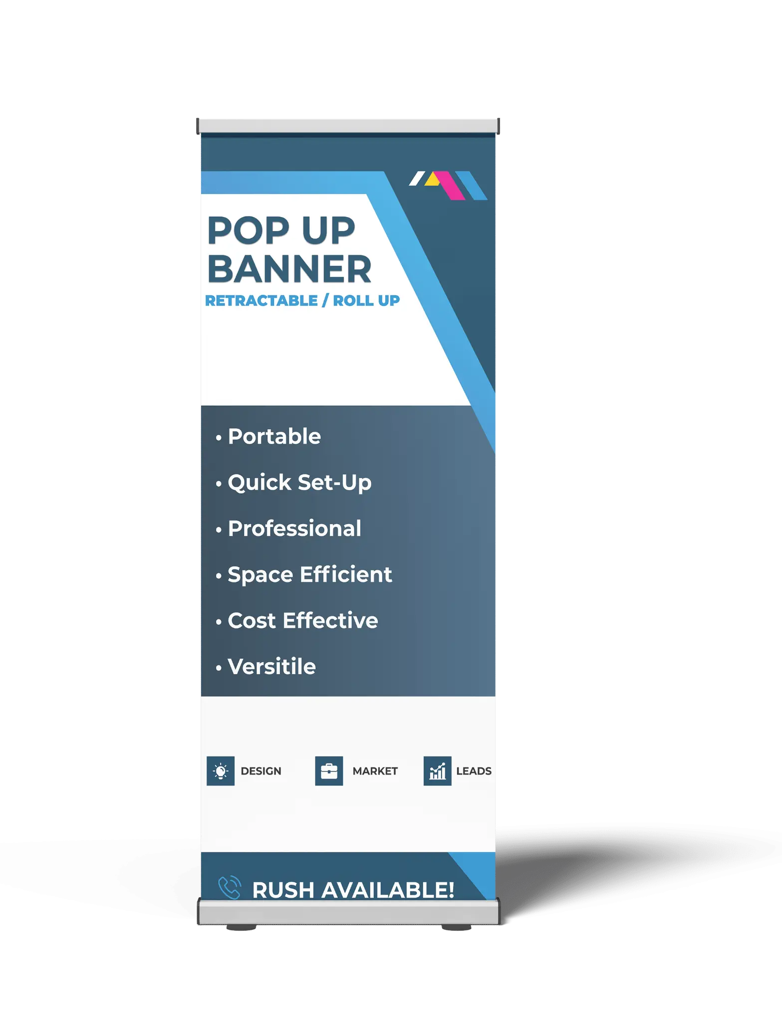 Factory of Graphics retractable pop-up banner with a blue roll-up display